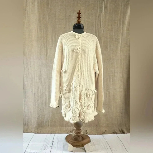 Vintage Boho M/L Cottagecore Grandmacore Hand Knit Cotton Longline Cardigan - Picture 1 of 8